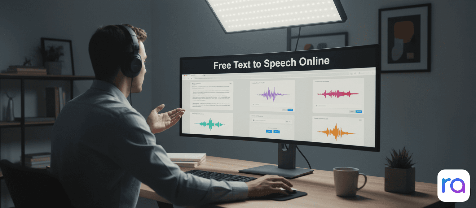 Laptop with audio waveform representing free TTS tools